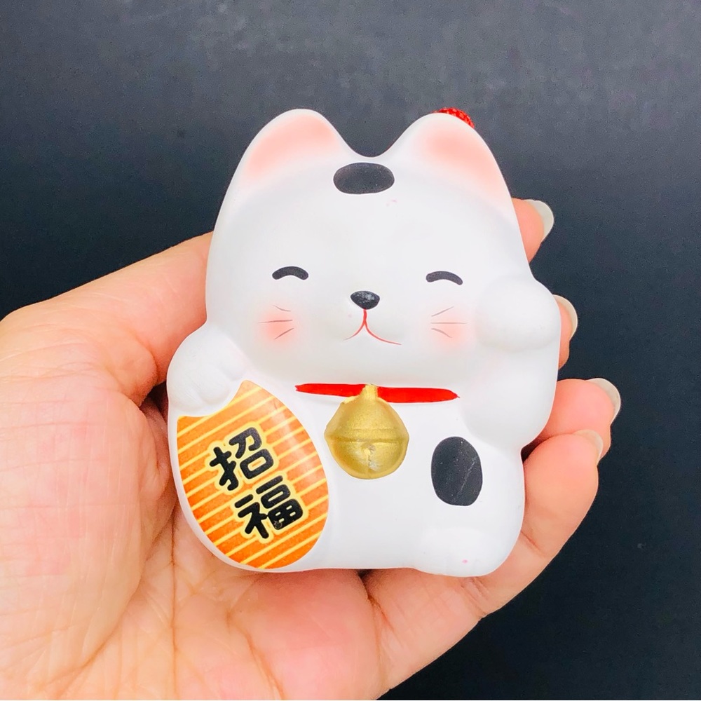 Lucky Cat Waiving Japanes White Ceramic Bell Japan Money Lucky Sign Maneki Neko